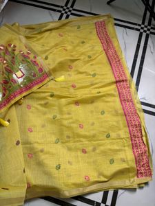 NewYellow Saree Floral Print with blouse piece