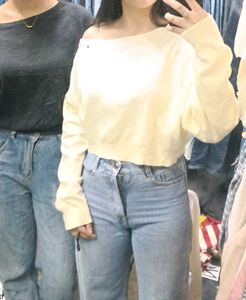 Butter Yellow one Off-Shoulder Ribbed Top