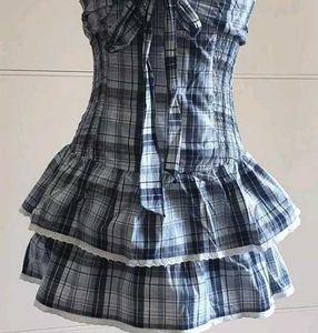 y2k Blue Plaid Tiered Dress with Bow