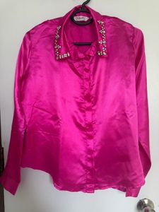 Stone Embellished Satin Pink Shirt