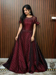 Elegant Maroon Polka Dot Gown