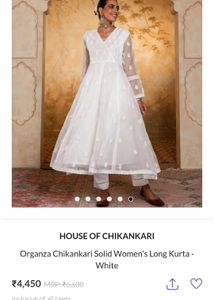 Branded White Organza Chikankari anarkali Kurta