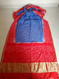 Blue &amp; Red bandhani Saree