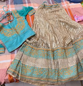 Teal &amp; Gold Lehenga Set