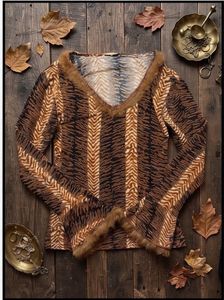 Unique Tiger Print V-Neck Top with Fur Trim