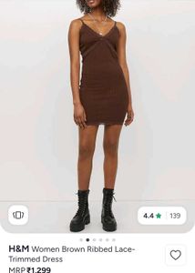 Brown Ribbed Lace Trimmed Mini Dress