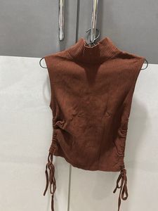 Brown Ribbed Mock Neck Top