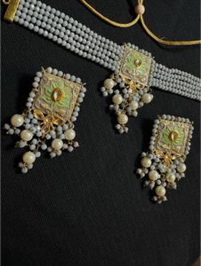 Gold Plated Gray Moti With Minakari Jewellery Set
