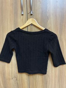 Black Ribbed Tie-Front Cropped Top