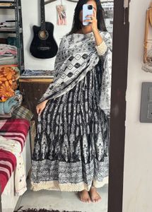 Black &amp; White Printed Kurta Set with Dupatta