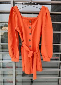 Orange Puff Sleeve Button-Up Dress