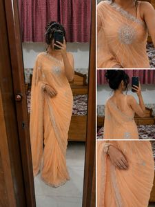 Peach Orange Saree with Silver Embroidery | Party