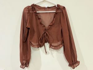 Sheer Tie-Front Frill-Trim Cropped Blouse
