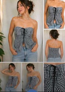 Gingham Strapless Ruched Top