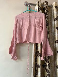 Pink Bell Sleeve Crochet Trim Top