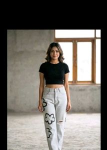 Stylish Light Wash Flower Print Jeans