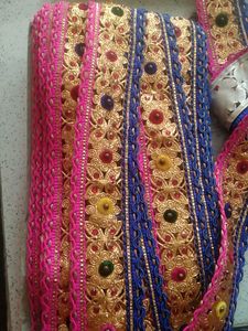 Pink And Royal Blue Jari Lace With Kundan