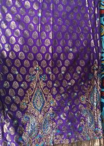 Purple+ Navy Blue  Brocade Sari With Blouse