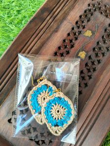 Handmade Crochet Earrings - Blue & Tan