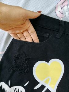Black Denim Skirt with Heart Prints