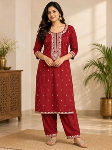 Maroon Embroidered Kurta Set
