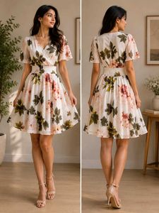 Floral Print Wrap Dress with Flutter Sleeves