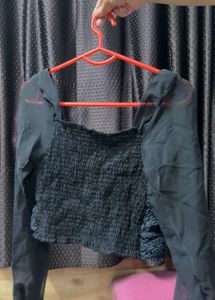 Crochet Crop Top with Sheer Sleeves