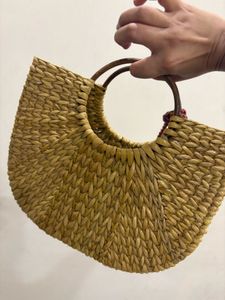 Straw Tote Bag with Pom Poms