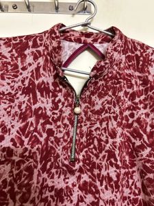 Maroon Abstract Print Zip-Up Top