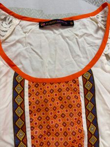 Off-White Cotton Kurti with Lace Sleeves
