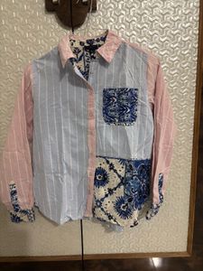 Pink &amp; Blue Striped Oversized Casual Shirt with Em