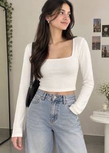Chic White Square Neck Long Sleeve Top