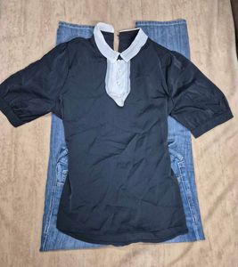 black korean colar puff sleeve top