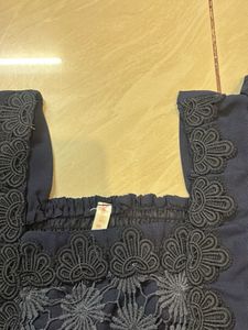 Navy Blue Square Neck Puff Sleeve Top With Embroid