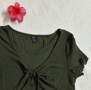 Olive Green Tie-Front Ribbed Crop Top