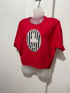 Red Short Sleeve Top with Embellishment
