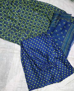 Elegant Green &amp; Blue Printed Kurta Set with Dupatt