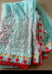 Stunning Embroidered Blue Saree