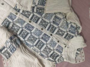 Cream Cotton Kurta Set with Blue Print