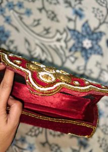 Embroidered Red Velvet Clutch