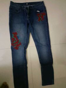 Blue Denim Jeans with Rose Embroidery