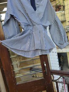 Chic Striped Wrap Peplum Blouse