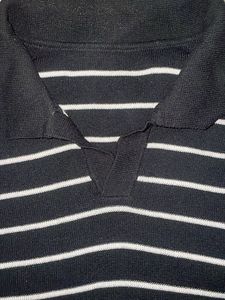 Striped Black & White Knit Regular Fit T-Shirt