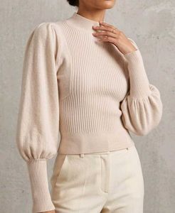 Ribbed Mock Neck Puff Sleeve Sweater