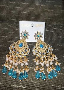 Stunning Blue Stone &amp; Pearl Drop Earrings