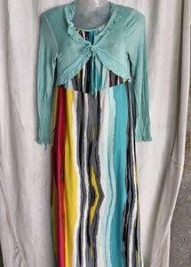 Vibrant Striped Maxi Dress with Cardigan