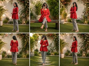 Red Printed Peplum Kurta _M