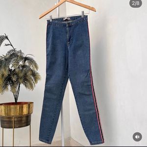Stylish Blue Jeans with Red Side Stripe