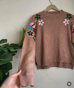 Brown Embroidered Floral Sweater