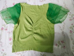 Lime Green Ruched Mesh Sleeve Top